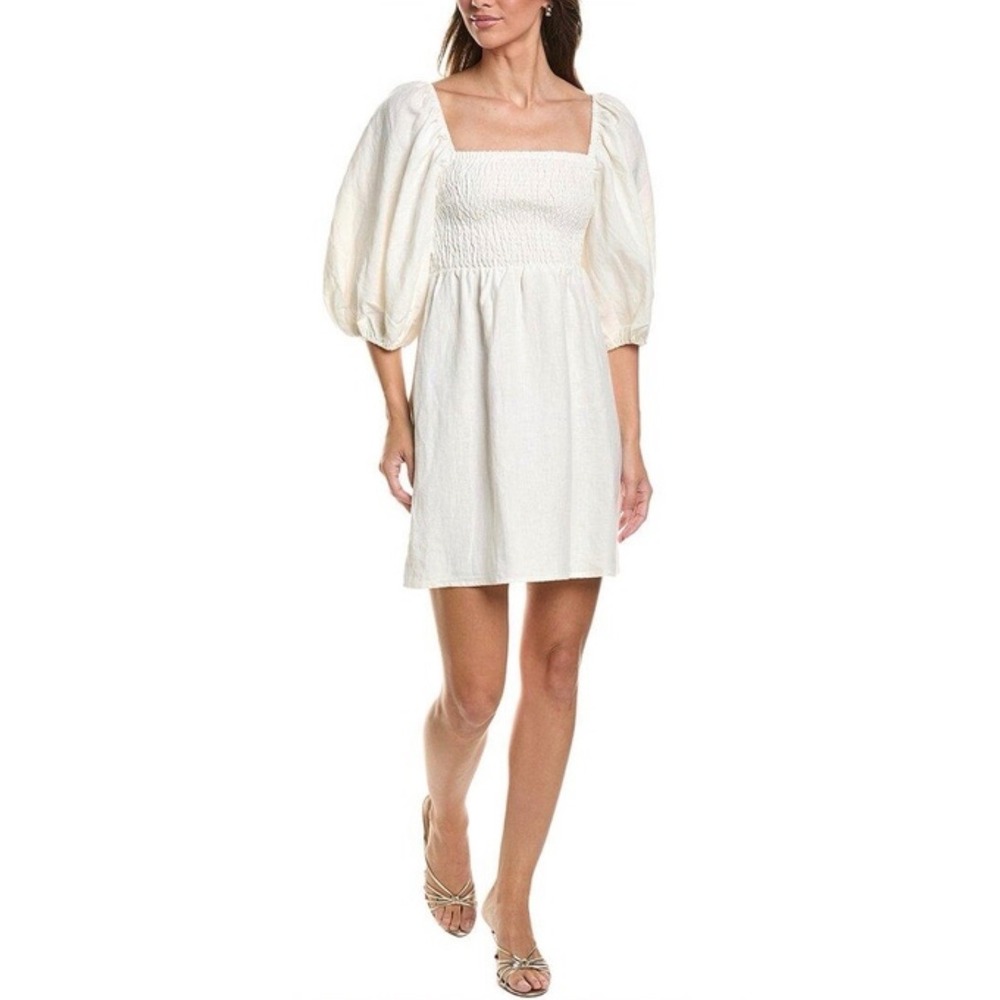 Tuckernuck Mini Dress Womens Medium White Smocked Linen Puff Sleeve Coastal